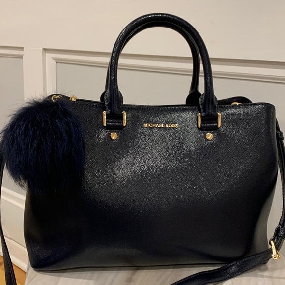 Michael Kors Bag Savannah Navy Admiral Tri-compartment Satchel Bag Poof Keychain - Picture 3 of 17